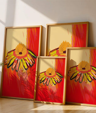 Abstract vibrant flower illustration with bold colors and dynamic strokes