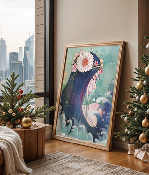 Illustration of a serene woman with floral crown and ocean waves