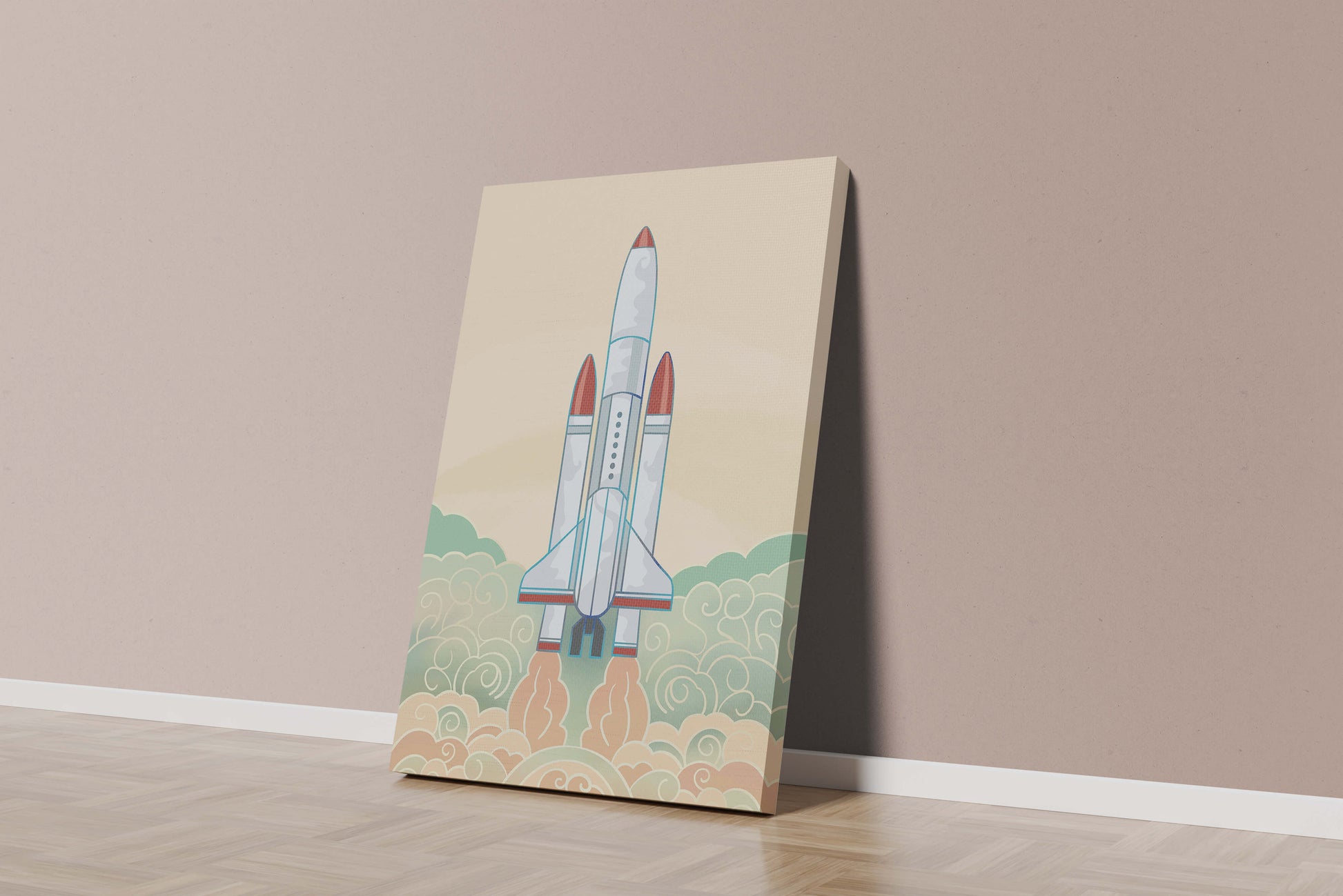 Colorful rocket launch from vintage-style clouds
