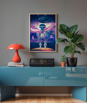 Futuristic Space City With Alien Creatures and Astronauts