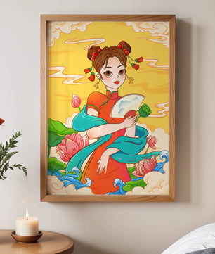 Ilustración oriental que presenta a una chica con atuendo tradicional, un abanico y flores de loto