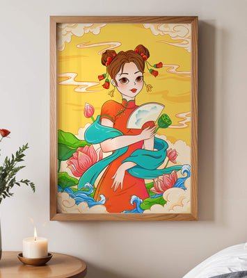 Oriental illustration featuring a girl in traditional attire with a fan and lotus flowers