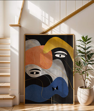 Abstract geometric art with bold colors and gold accents