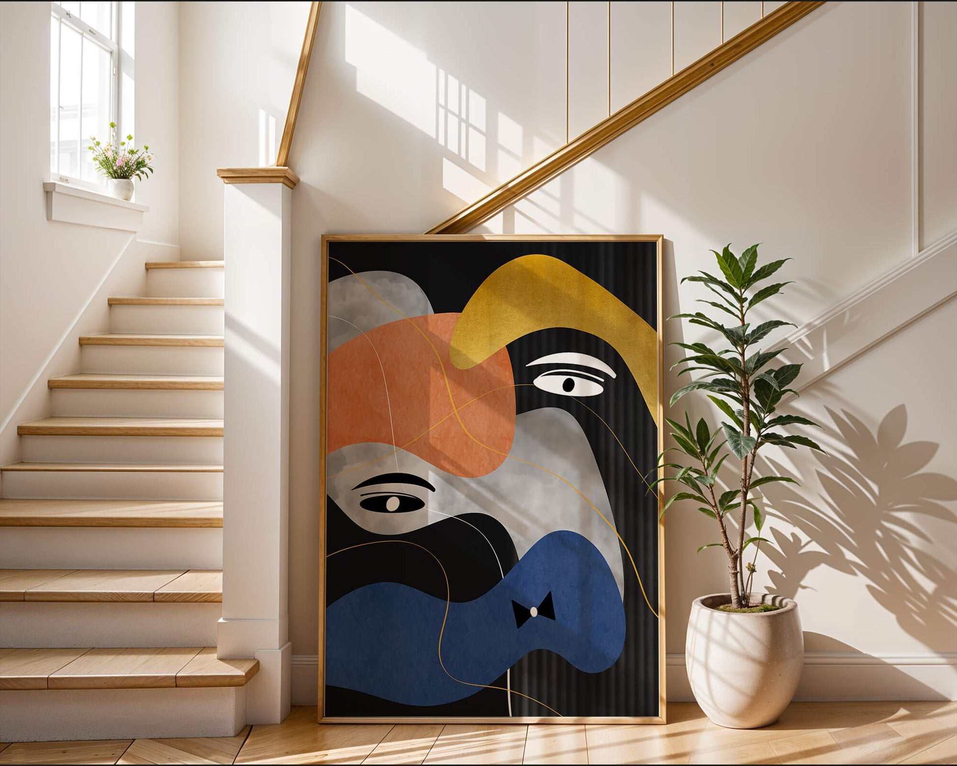 Abstract geometric art with bold colors and gold accents