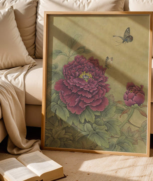 Delicate peonies with butterflies in a serene natural setting