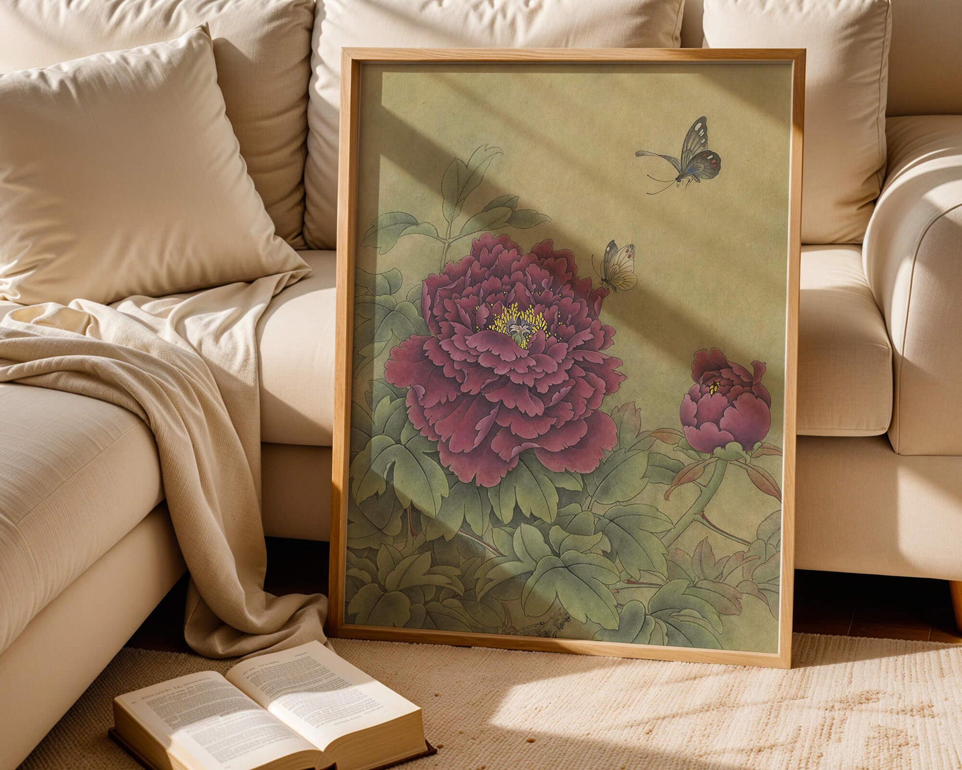 Delicate peonies with butterflies in a serene natural setting