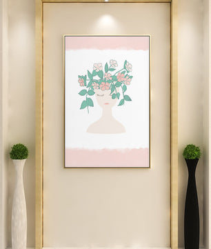 Illustration of a Minimalist Face with Floral Headpiece and Pink Background