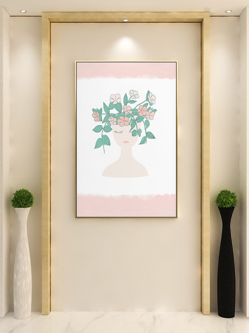 Illustration of a Minimalist Face with Floral Headpiece and Pink Background