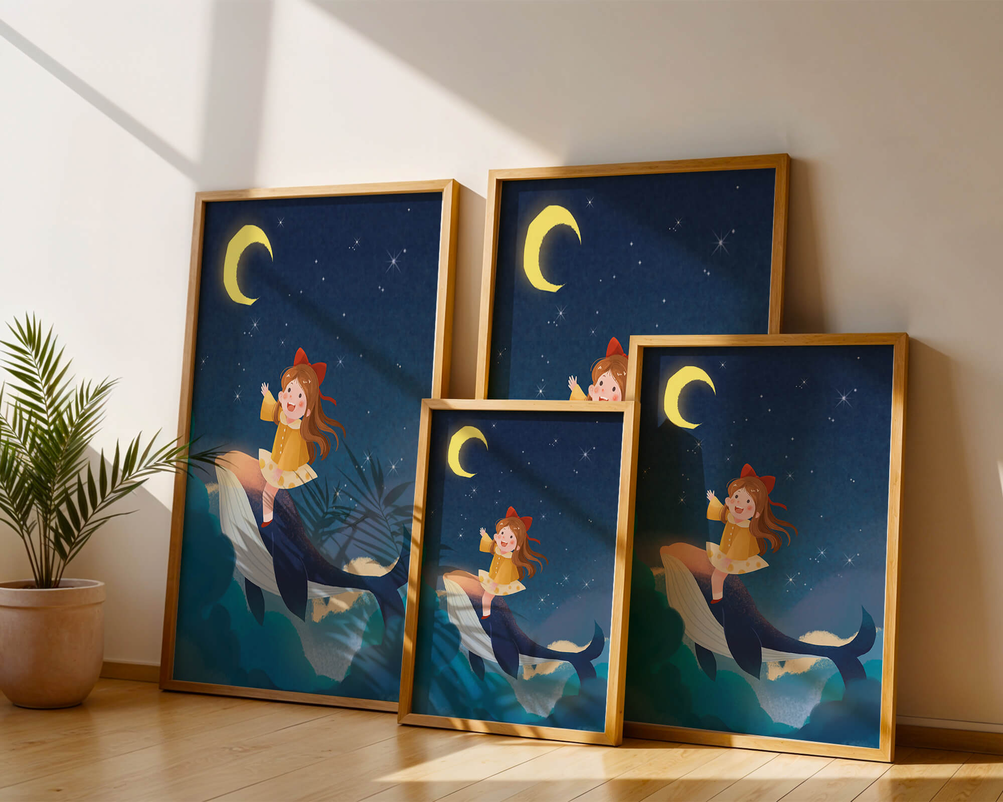 Girl on a whale under starry night sky