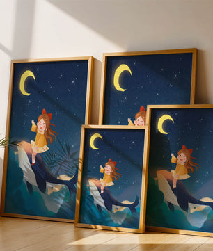 Girl on a whale under starry night sky
