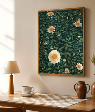 Floral pattern with daisies on a dark green background