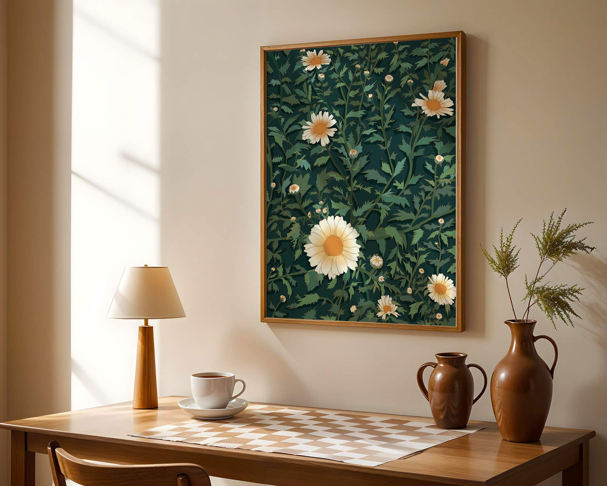 Floral pattern with daisies on a dark green background