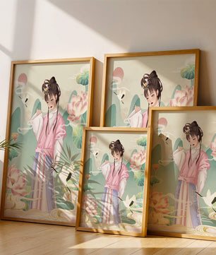 Femme élégante en tenue traditionnelle avec lotus en fleurs et grues