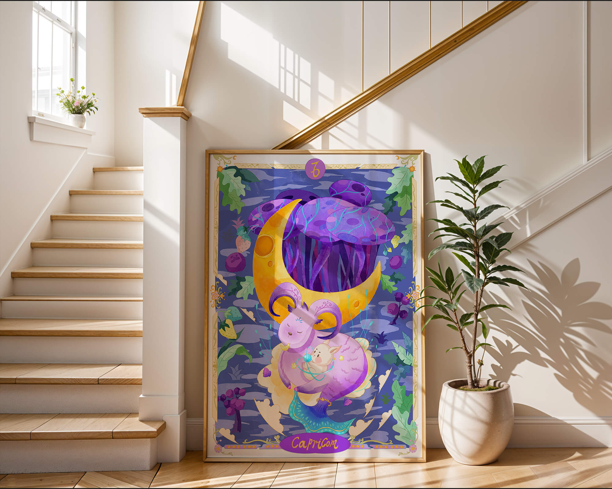 Colorful Capricorn zodiac illustration with fantasy elements