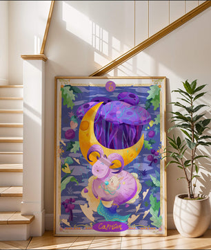 Colorful Capricorn zodiac illustration with fantasy elements