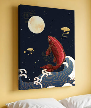 Traditional Japanese koi fish art with moonlit waves and clouds