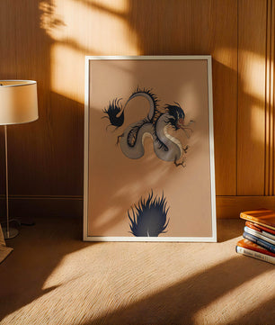 Illustration of a mystical dragon with fluid form on a beige background