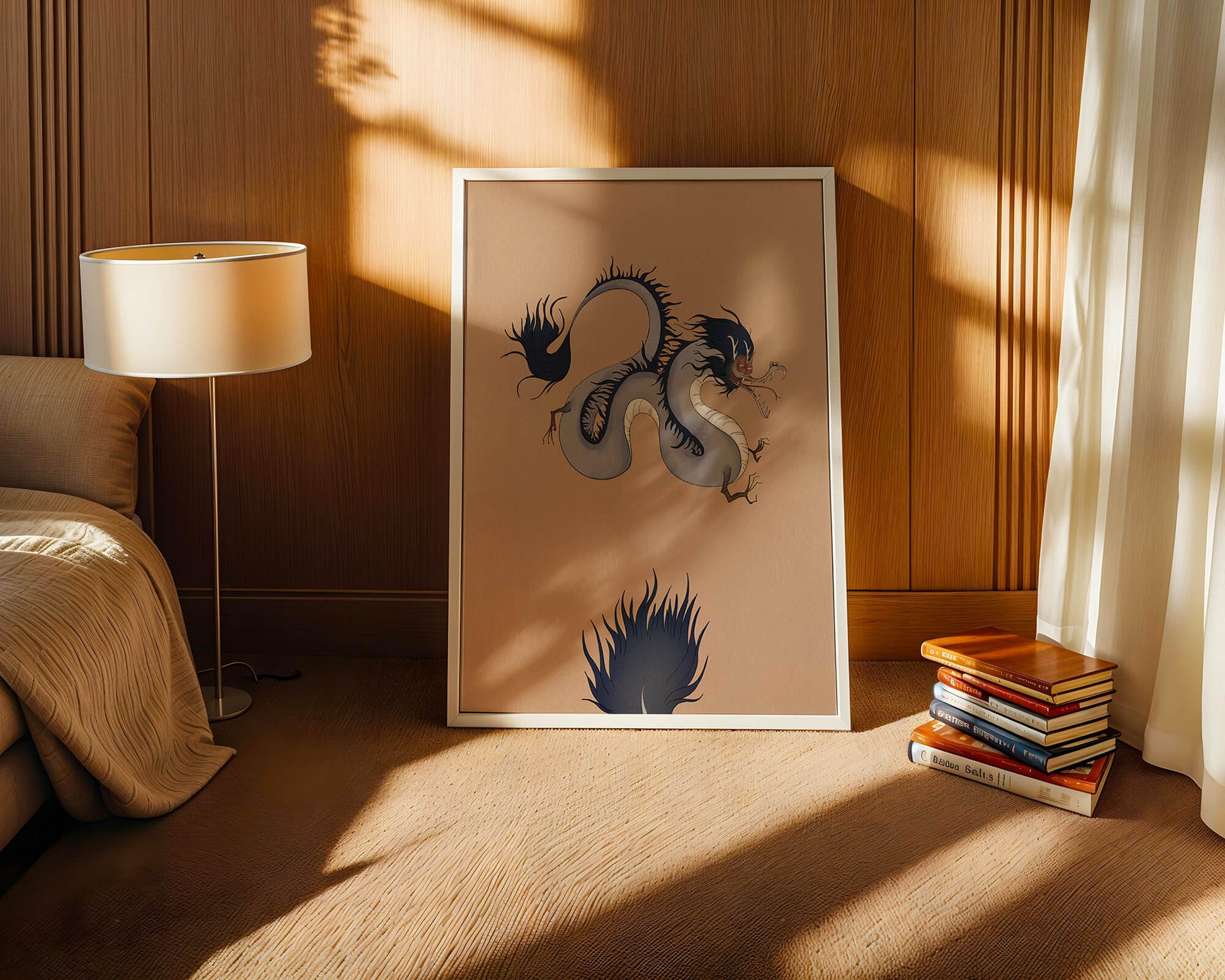 Illustration of a mystical dragon with fluid form on a beige background