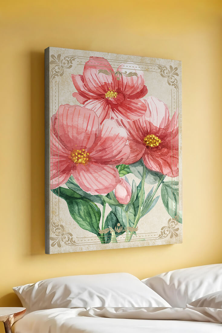 Watercolor floral illustration with pink blooms and green foliage