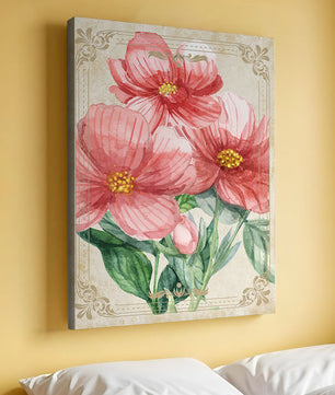 Watercolor floral illustration with pink blooms and green foliage