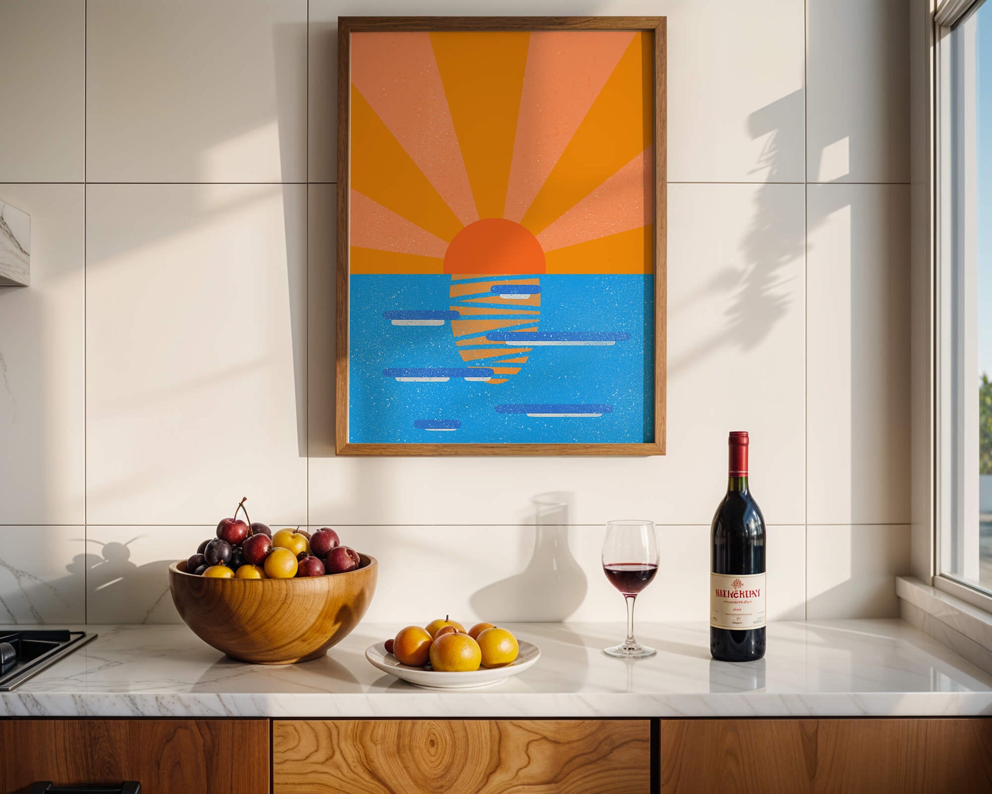 A vibrant sunrise illustration over the ocean with colorful rays