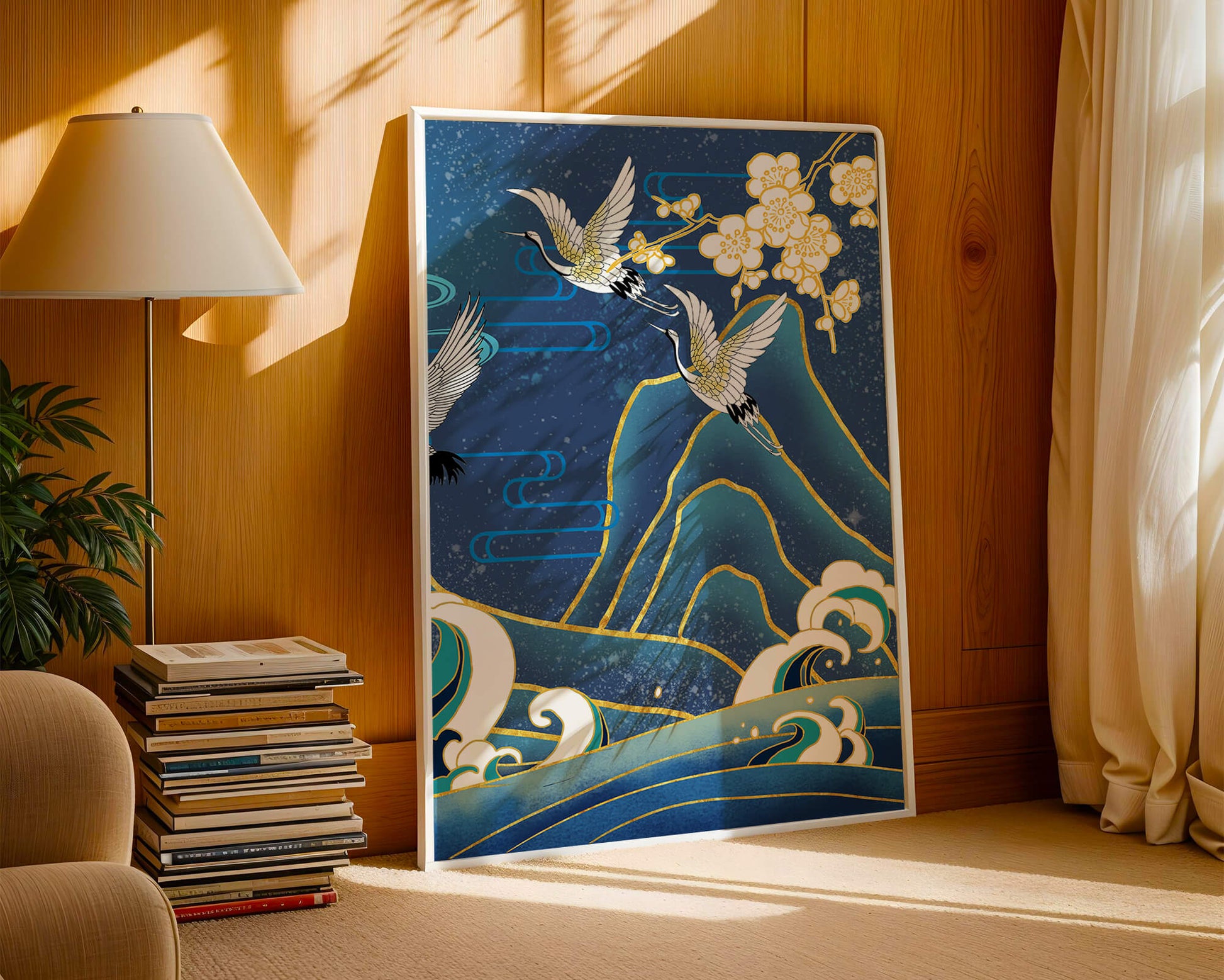 Elegant Cranes in Flight over Ocean Waves with Golden Accents and Blossoms