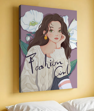 Illustrated fashion girl with floral background and purple theme