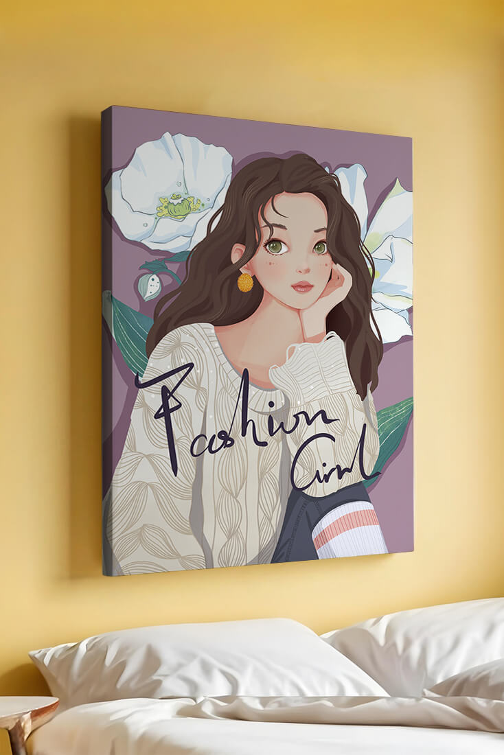 Illustrated fashion girl with floral background and purple theme