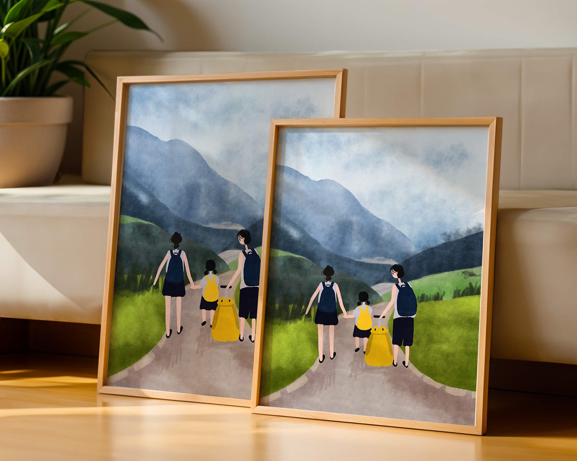 Family hiking in scenic mountain landscape with backpacks