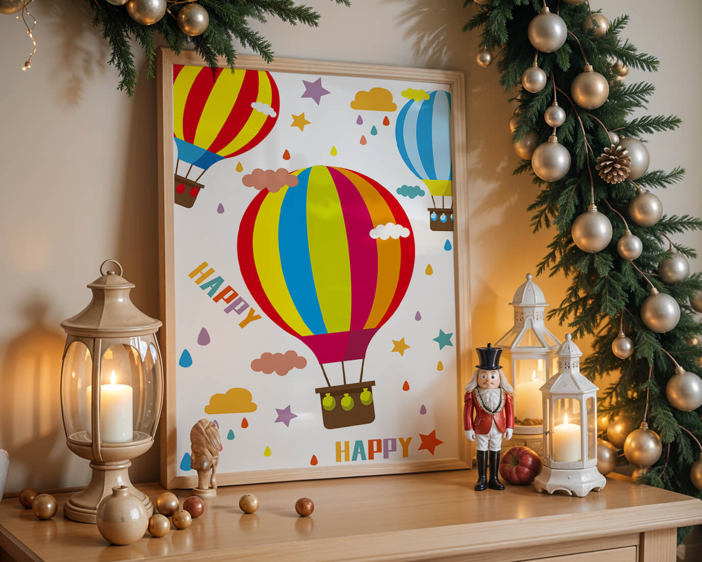 Colorful hot air balloons and happy clouds illustration