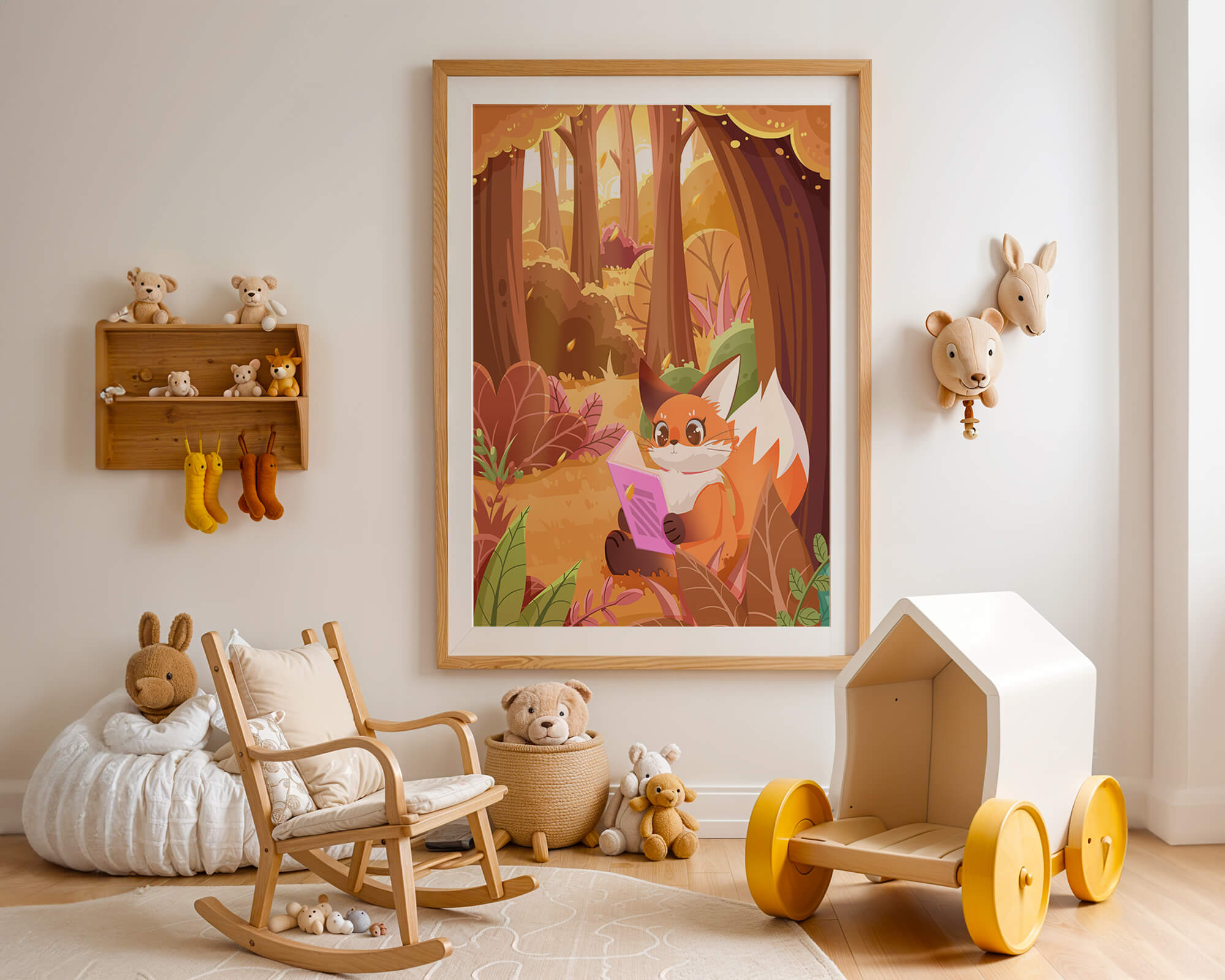 Fox reading a book in a whimsical autumn forest