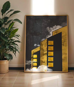 Ilustración arquitectónica artística con elementos dorados y cielo nocturno