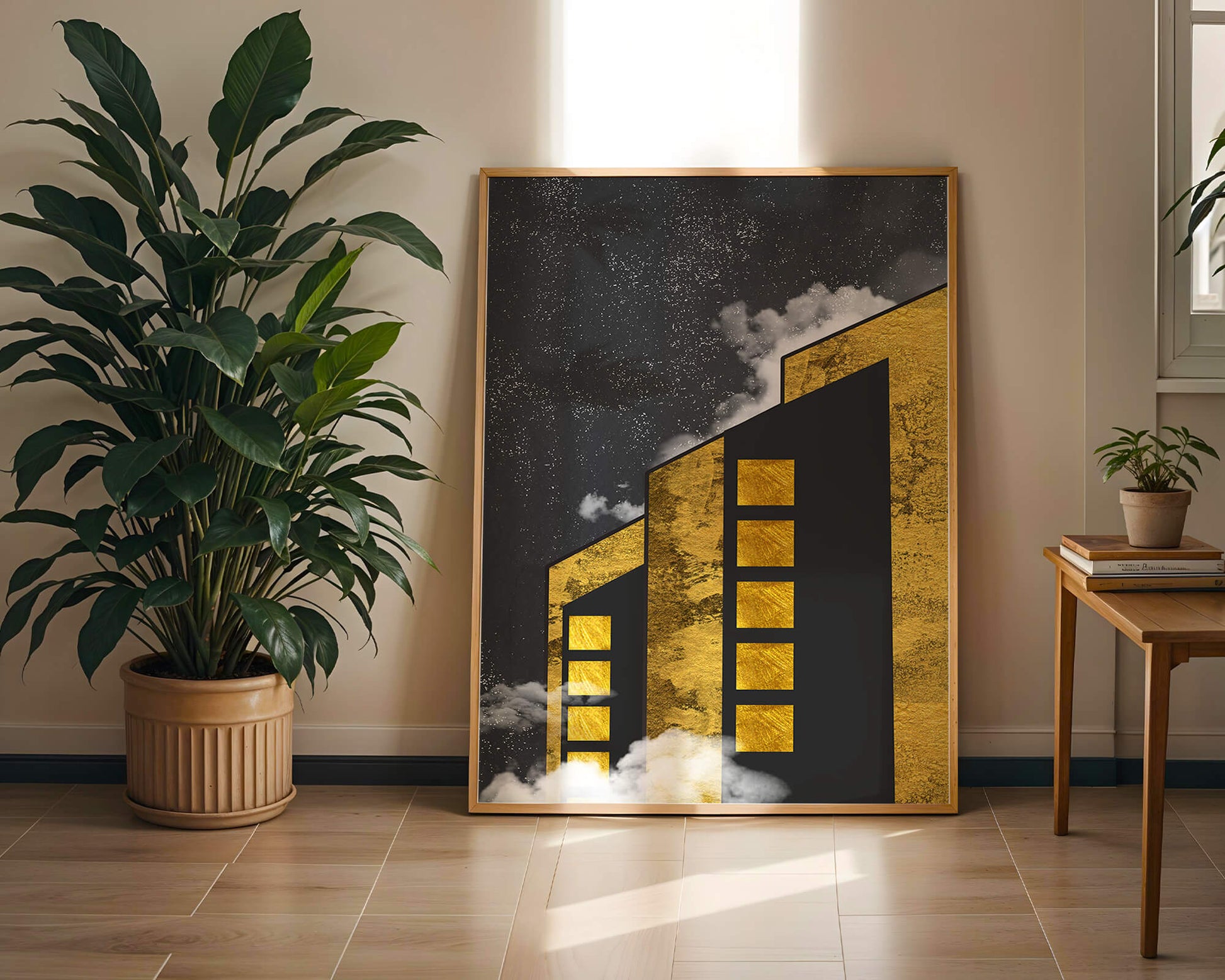 Artistic architectural illustration with golden elements and night sky