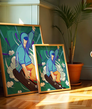 Ilustración abstracta colorida de una persona en movimiento con tonos azules y verdes