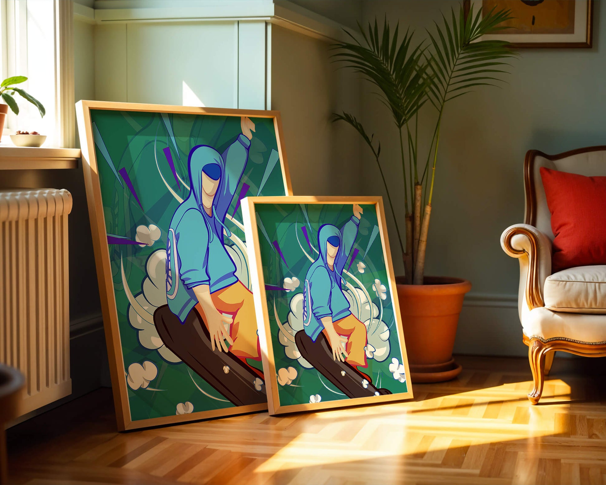 Ilustración abstracta colorida de una persona en movimiento con tonos azules y verdes