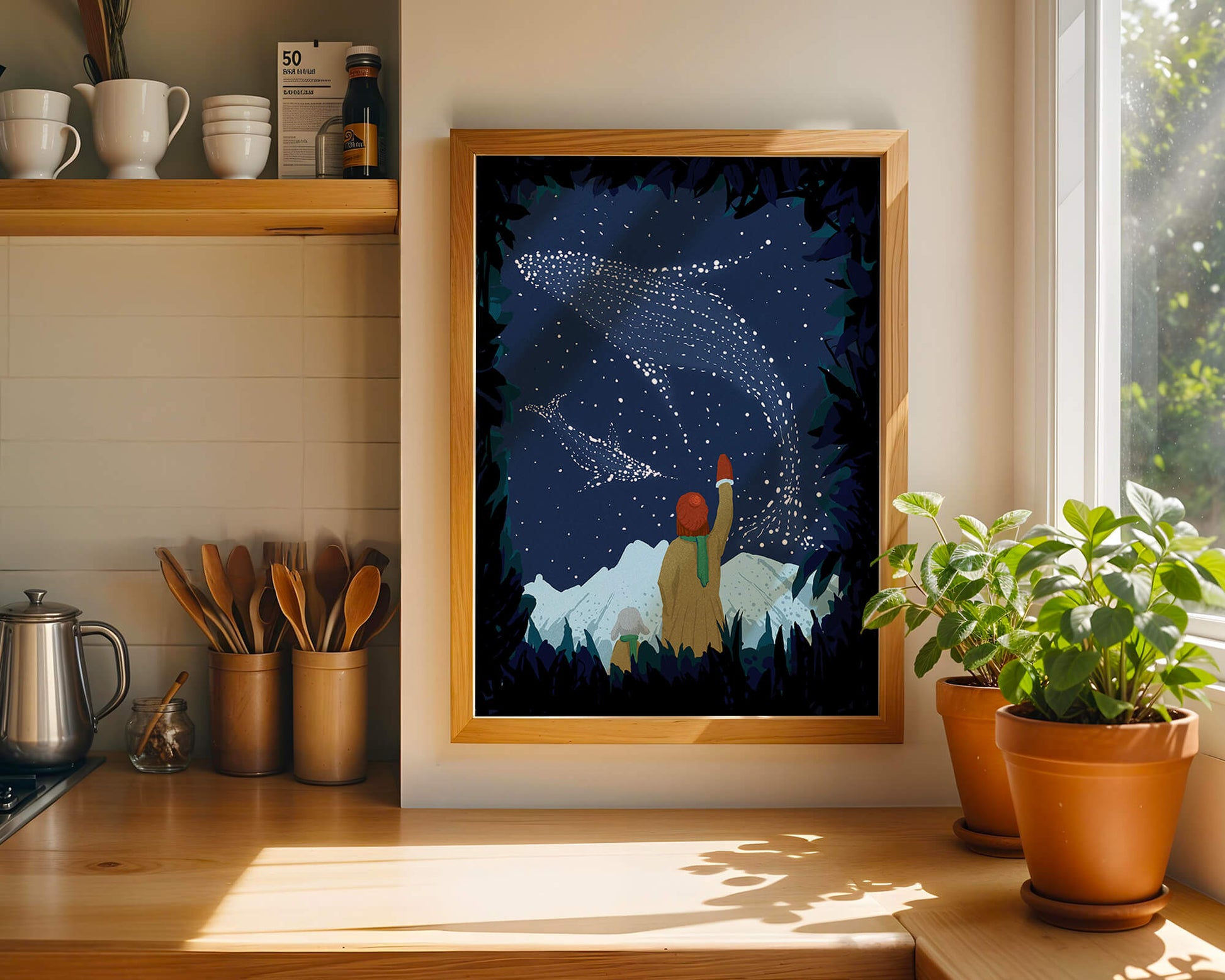 Starry night with whale constellations and mountain scenery