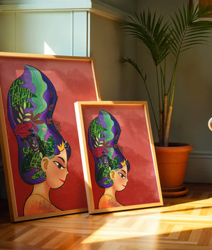 Colorful artistic portrait with nature-inspired hair design