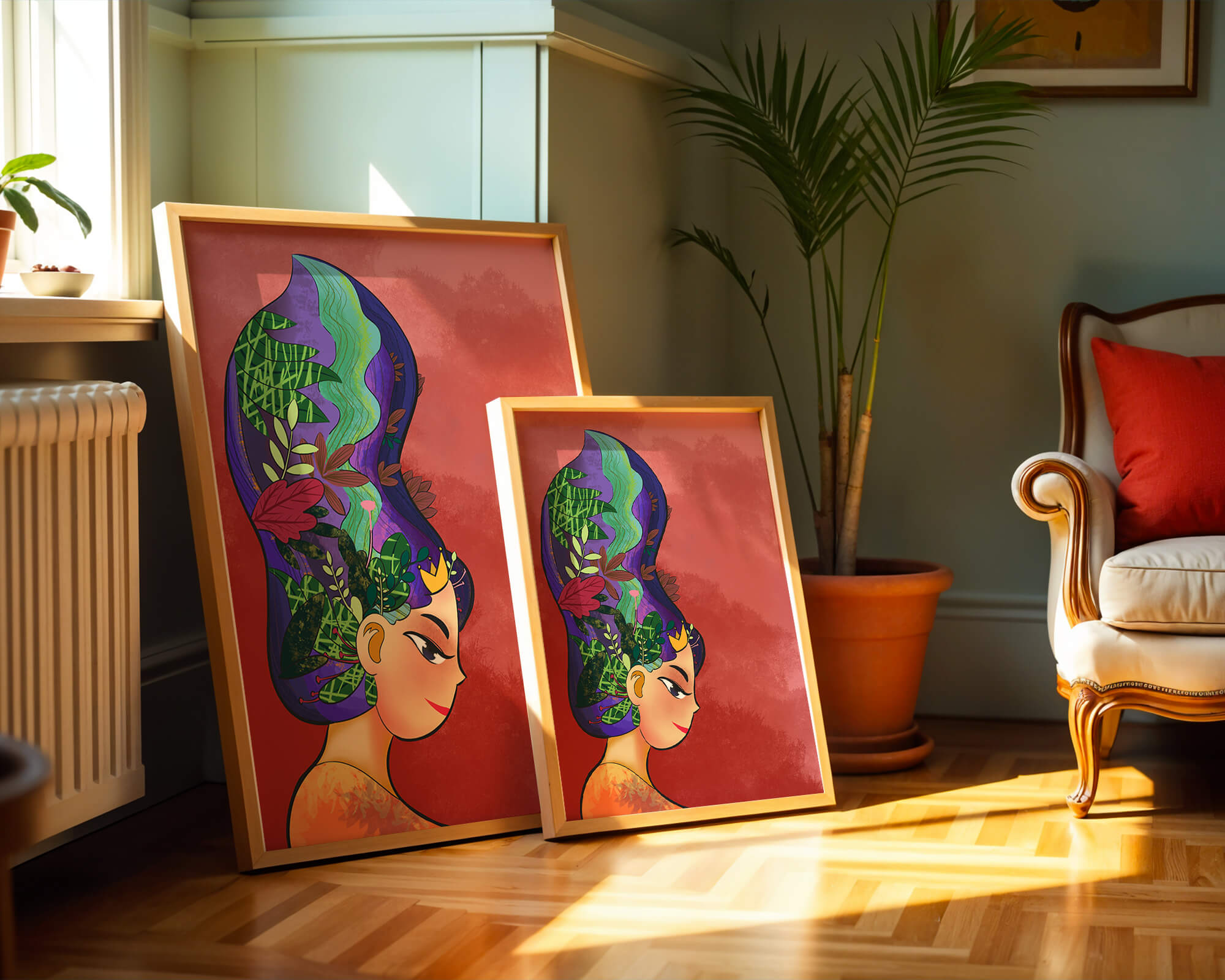 Colorful artistic portrait with nature-inspired hair design