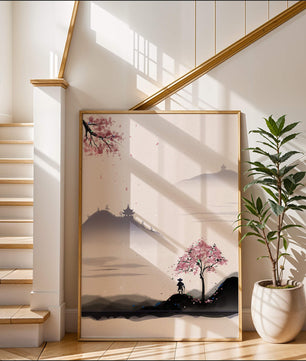 Paisaje sereno con árbol de cerezo y pagodas distantes