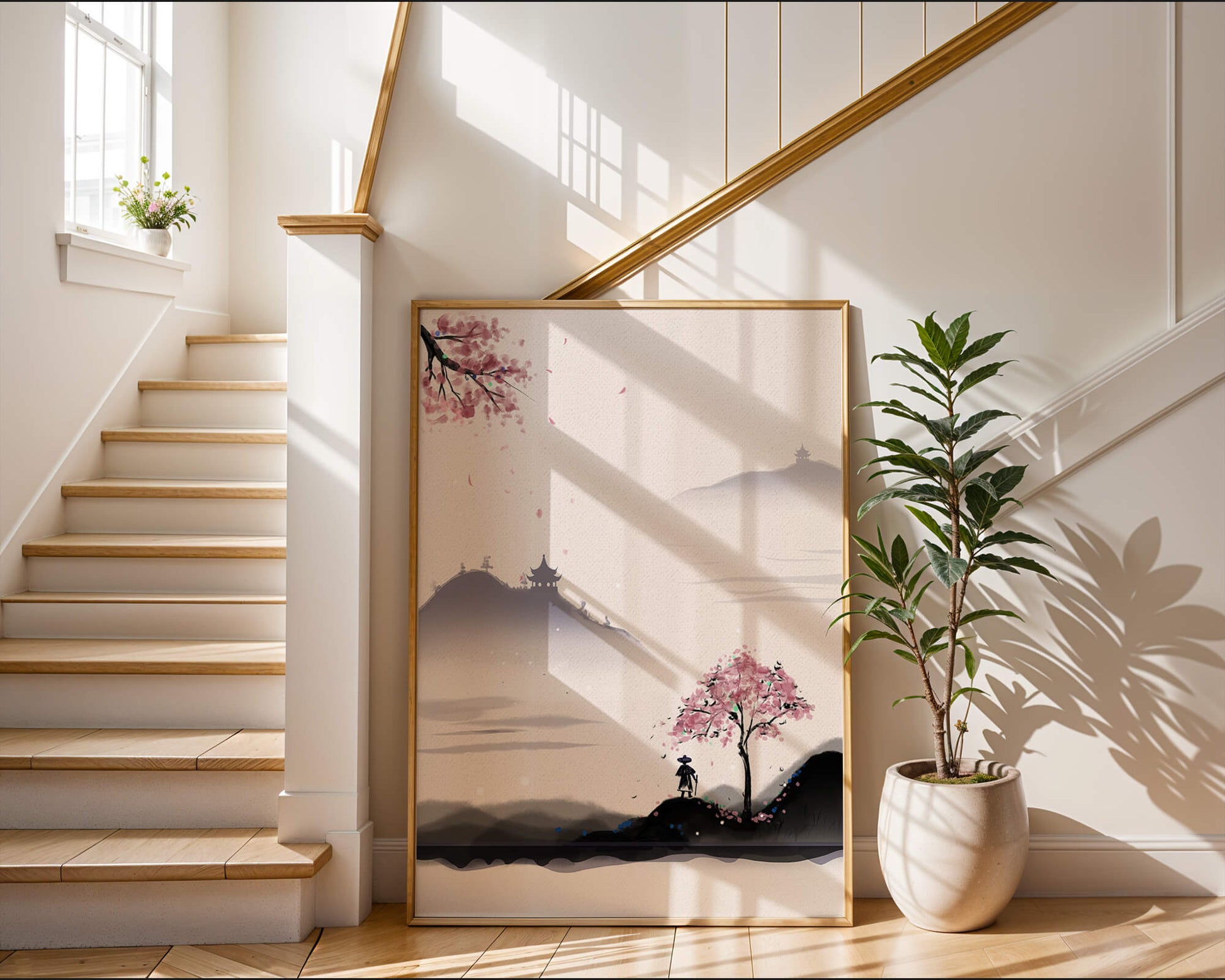 Paisaje sereno con árbol de cerezo y pagodas distantes