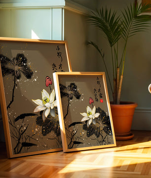 Elegant oriental floral art with gold accents and calligraphy
