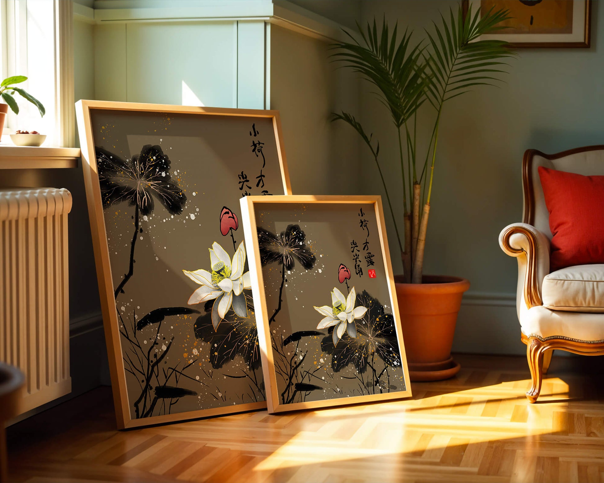 Elegant oriental floral art with gold accents and calligraphy