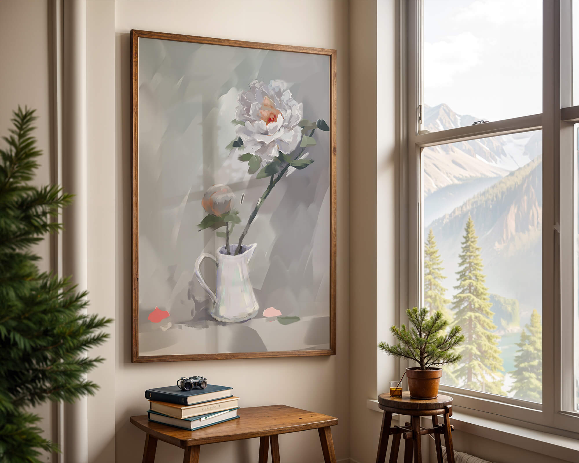 Elegant white peonies in a ceramic jug with soft pastel background