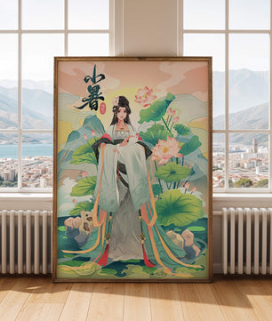 Elegant woman in traditional attire with lotus flowers and serene backdrop