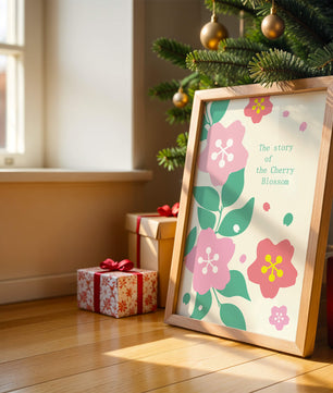 Florale Illustration mit Kirschblüten und grünen Blättern