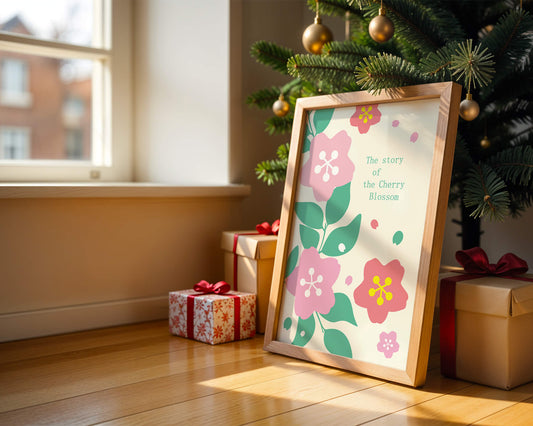 Floral illustration with cherry blossoms and green leaves