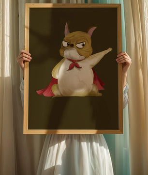 Cartoon superhero dog with red cape illustrating playful strength