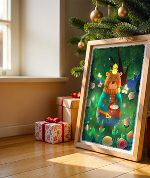 Charming bear in a colorful garden with flowers and fireflies