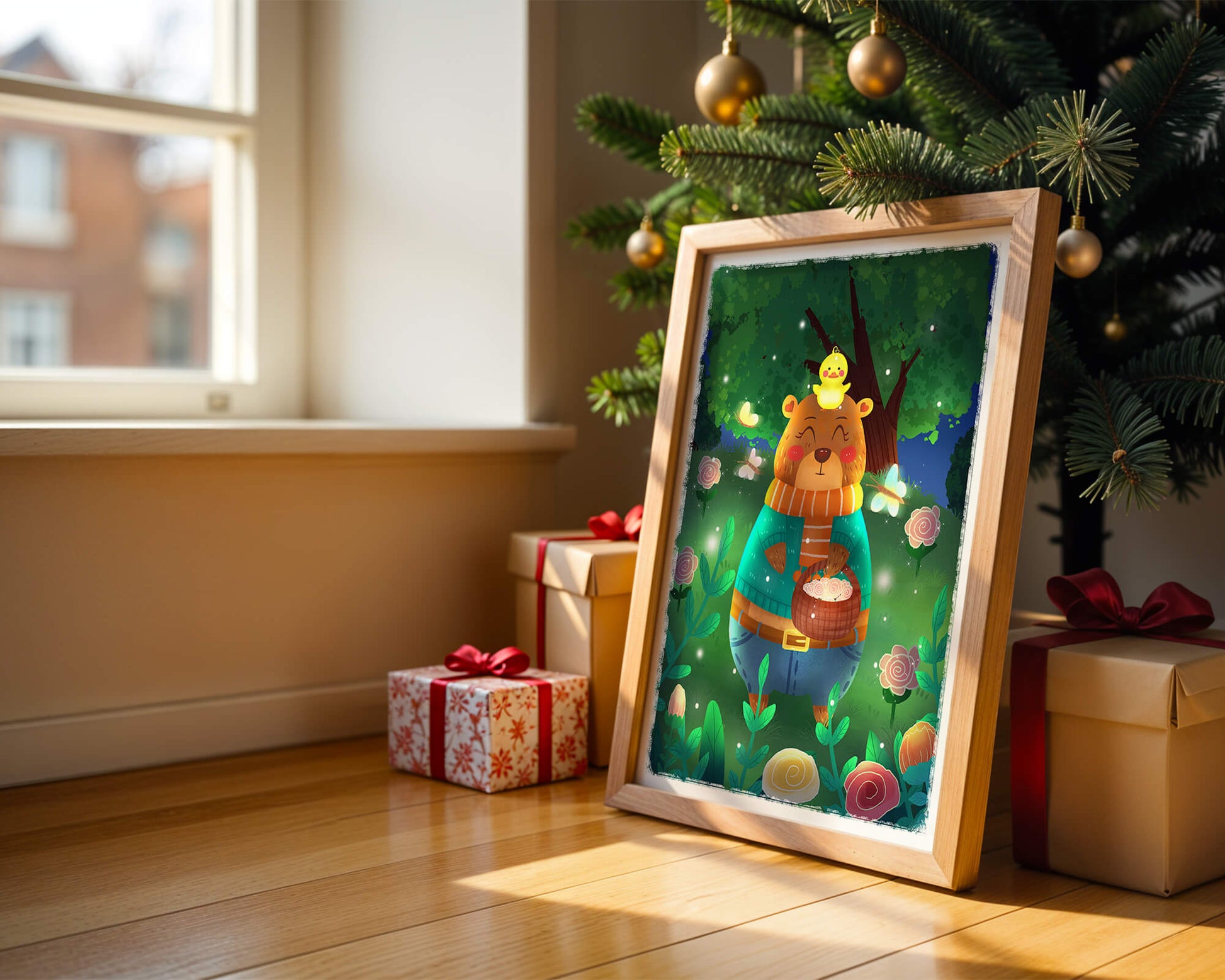 Charming bear in a colorful garden with flowers and fireflies