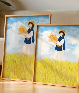 Young girl in a wheat field on a sunny day illustration